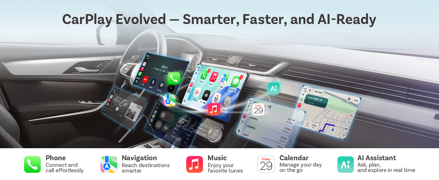Text reads 'CarPlay Evolved - Smarter, Faster, and AI-Ready'. Car dashboard display showing smartphone integration with navigation, phone, and app icons.
