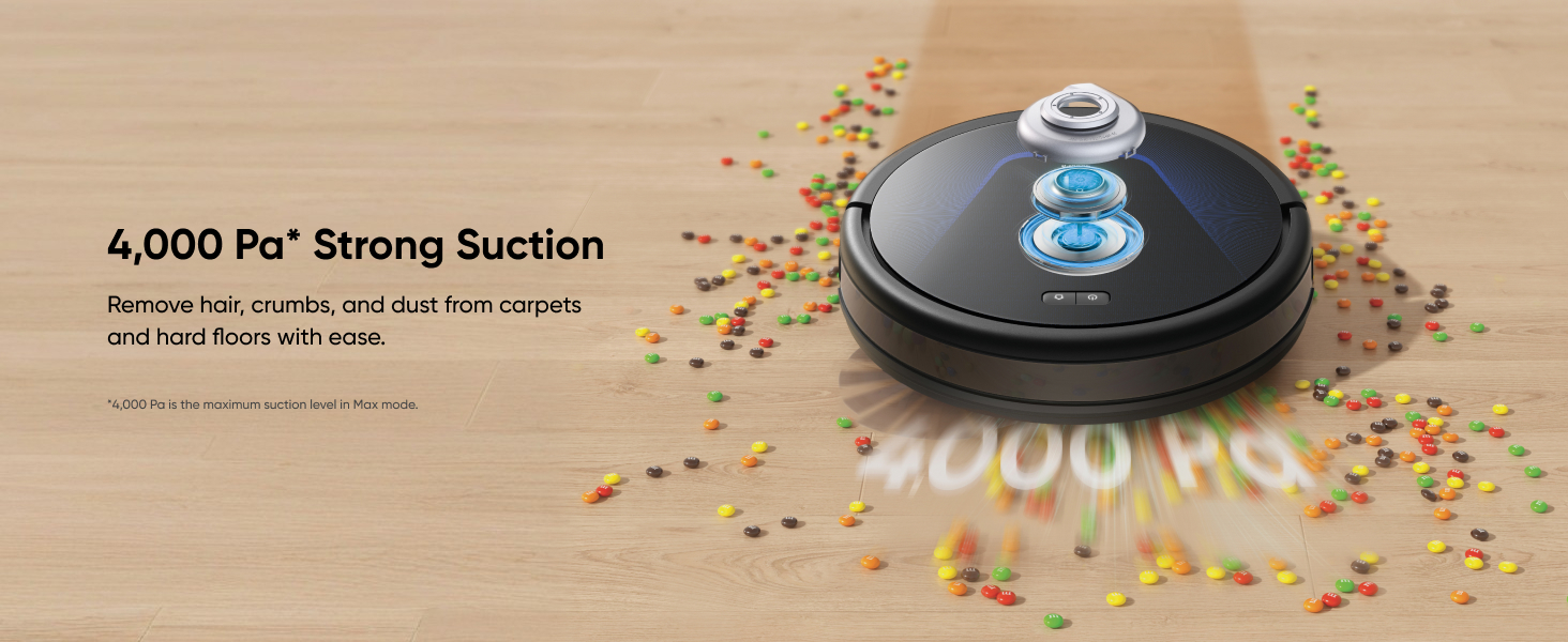 Round robotic vacuum cleaner with strong 4000Pa suction power, shown on wooden floor surrounded by colorful confetti-like debris.