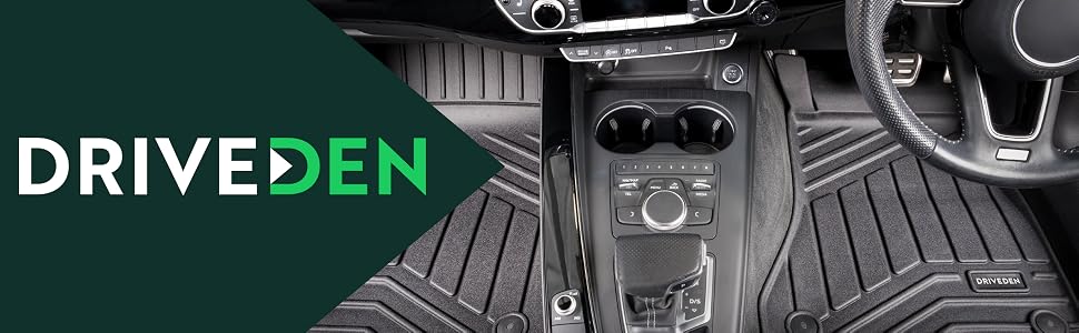 Car interior with DriveDen logo. Features center console, gear shift, and floor mats visible from above.