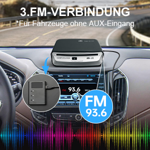 Text reads 'AUX CONNECTION'. Car interior image showing audio system interface with highlighted aux connection port and colorful audio wavelength visualization.