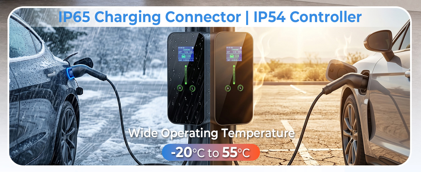 Text reads '12A | 6 m Cable | UK Plug (BS 1363)'. Electric vehicle charging cable displayed outdoors with cars parked and charging station setup shown.