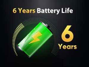 Graphic showing '6 Years Battery Life' with green battery icon and gauge. Text emphasizes '6 Years' in large yellow font.