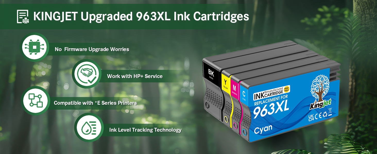 KINGJET 963XL ink cartridge set with packaging showing compatibility icons for HP printers against green background.