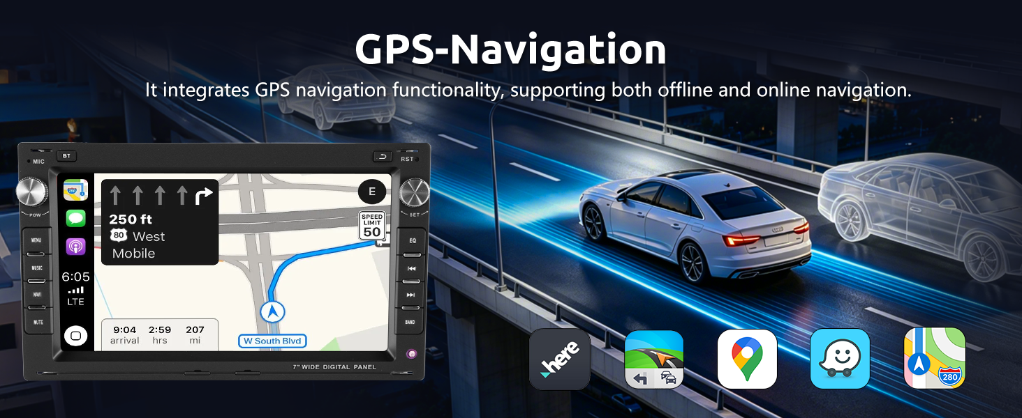 Text reads "GPS-Navigation" with subtitle text about integrated car navigation. Image shows car dashboard with GPS map display, blue car illustration, and navigation app icons.