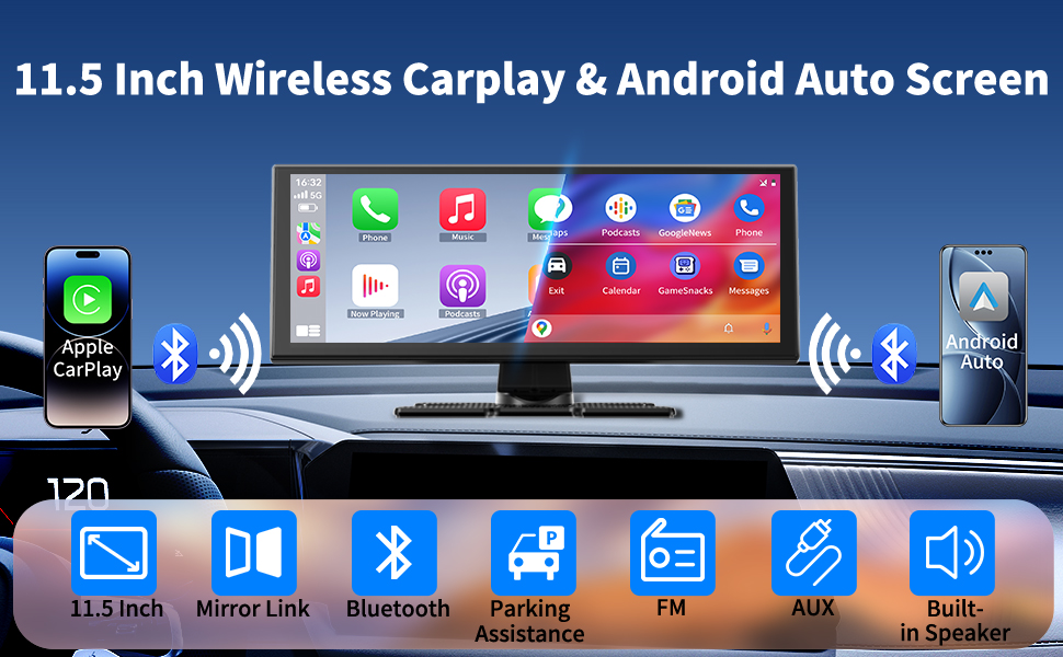 Text reads '11.5 Inch Wireless Carplay & Android Auto Screen'. Display unit showing blue dashboard interface with app icons including phone, music, Bluetooth, GPS, parking, dash cam, AUX, and volume controls.