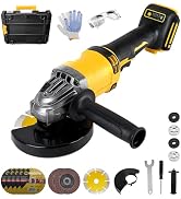 Yellow angle grinder power tool shown from different angles with attached grinding wheel and included wrench accessory.