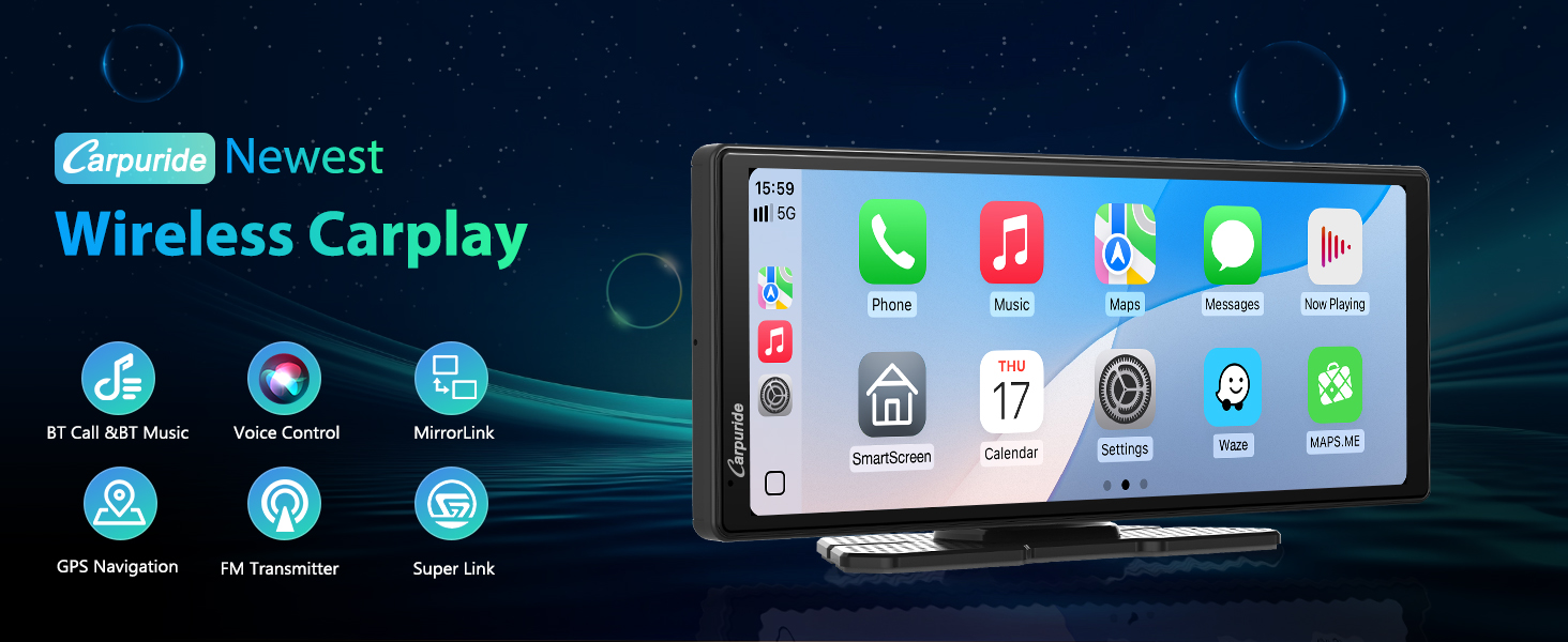 Wireless Carplay device with large touchscreen display showing app icons. Features include GPS navigation, voice control, and WiFi connectivity. Screen displays time, date, and various app icons.