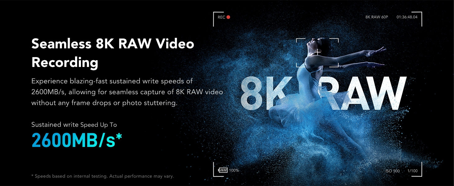 Technical product advertisement showing 8K RAW video recording capability with 2600MB/s transfer speed specification against dark background.