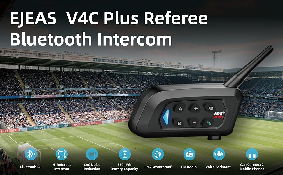 Text reads 'EJEAS V4C Plus Referee Bluetooth Intercom'. Product advertisement showing wireless communication device in stadium setting with feature icons below.
