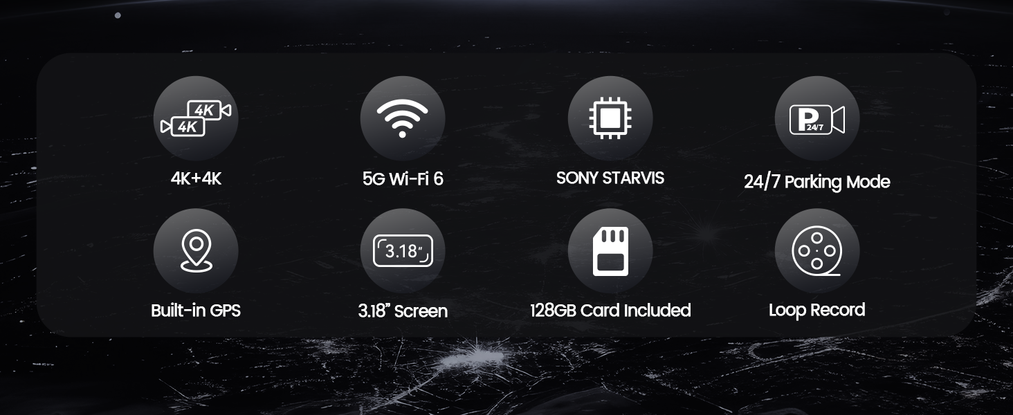 Eight circular icons with symbols for various functions including Wi-Fi, camera, and other digital features, displayed on dark background with white icons.