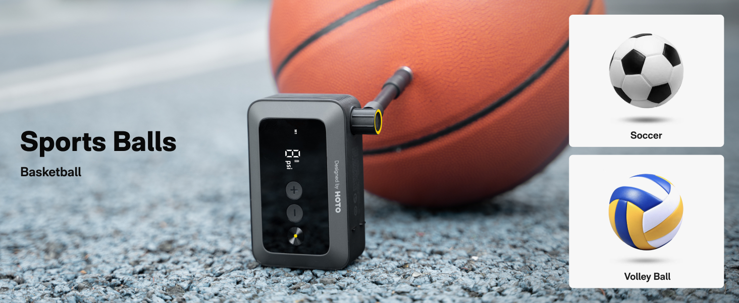 Portable audio device with display next to a basketball. Smaller images of a soccer ball and volleyball in the corner. Text reads 'Sports Balls' and 'Bluetooth'.