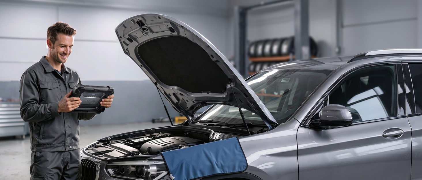 Male mechanic in denim shirt examining tablet while standing beside open car hood in industrial garage setting with vehicle engine visible.