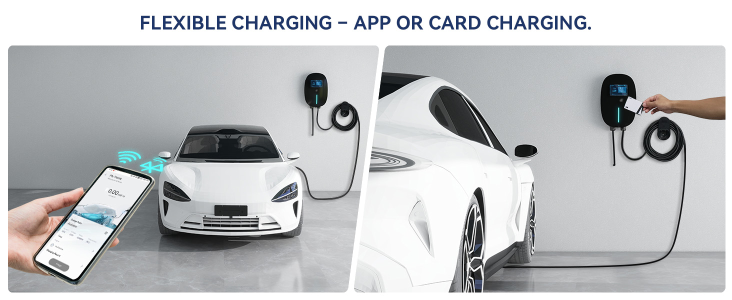 Text reads 'FLEXIBLE CHARGING - APP OR CARD CHARGING.' Images show white electric vehicle with charging infrastructure and mobile app interface on smartphone screen.