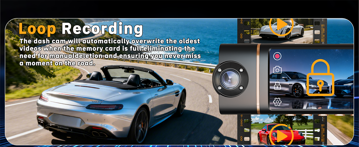Text reads 'Loop Recording'. Multiple video monitoring screens showing car dashboard and road footage, suggesting a vehicle recording system interface.