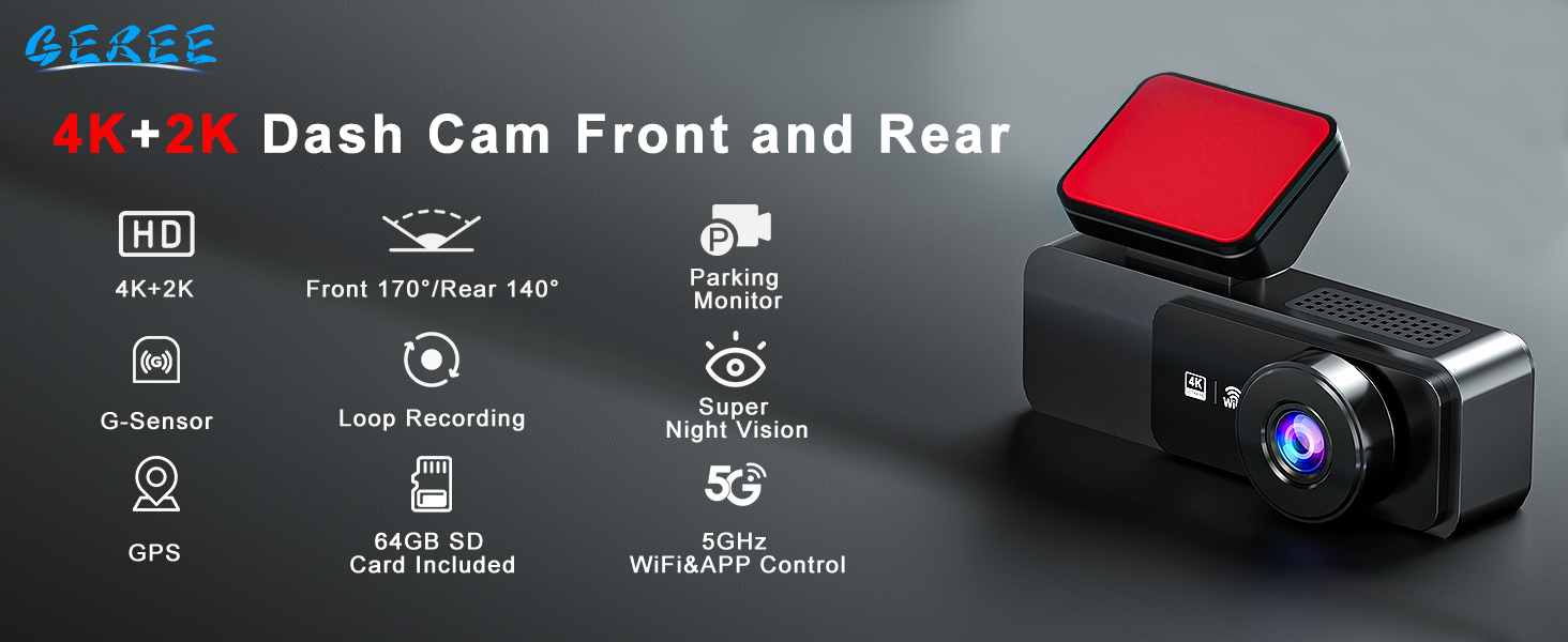 Text reads 'Dash Cam Front and Rear'. Vehicle dashboard camera interface showing HD recording indicators and various control icons.
