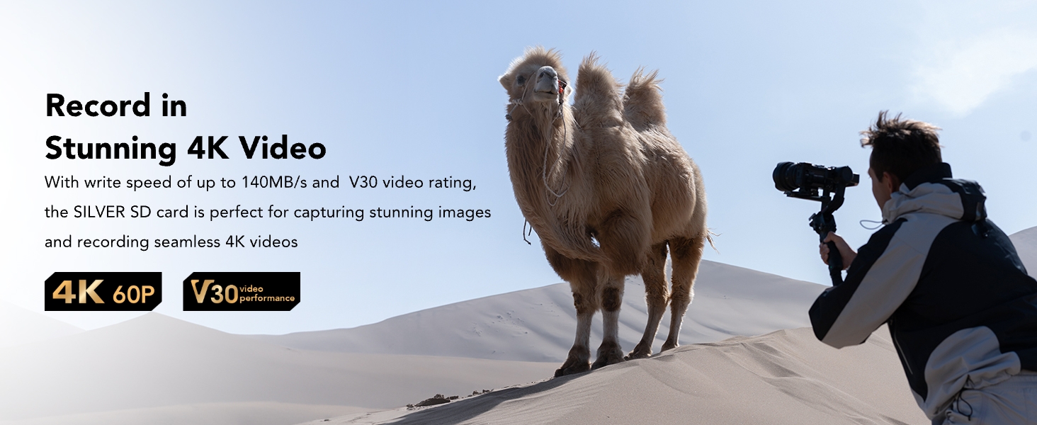 Camera operator filming a camel in a desert setting. Text overlay mentions '4K video' and '120fps', indicating high-quality video recording capabilities.