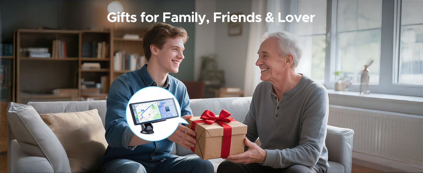 Text reads 'Gifts for Family, Friends & Lover'. Scene showing people exchanging wrapped gift on couch in modern interior setting.