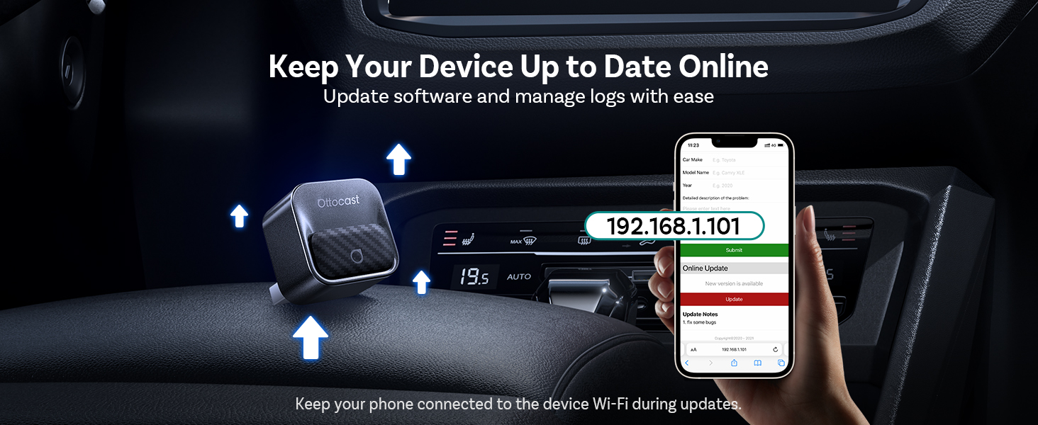 Text reads 'Keep Your Device Up to Date Online'. Interface screens showing mobile device update process with Wi-Fi connection indicators and status displays.