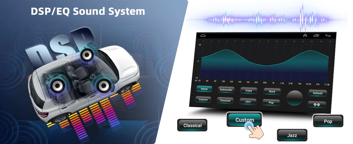 Text reads "DSP/EQ Sound System". Digital audio equipment showing dual circular control interfaces with colorful frequency bands, paired with digital display screen and multiple control modules below.