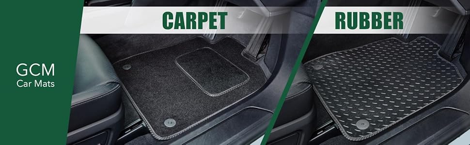 Split comparison image showing car floor mats in two styles: plush carpet material on left and textured rubber material on right, labeled 'GCM Car Mats'.