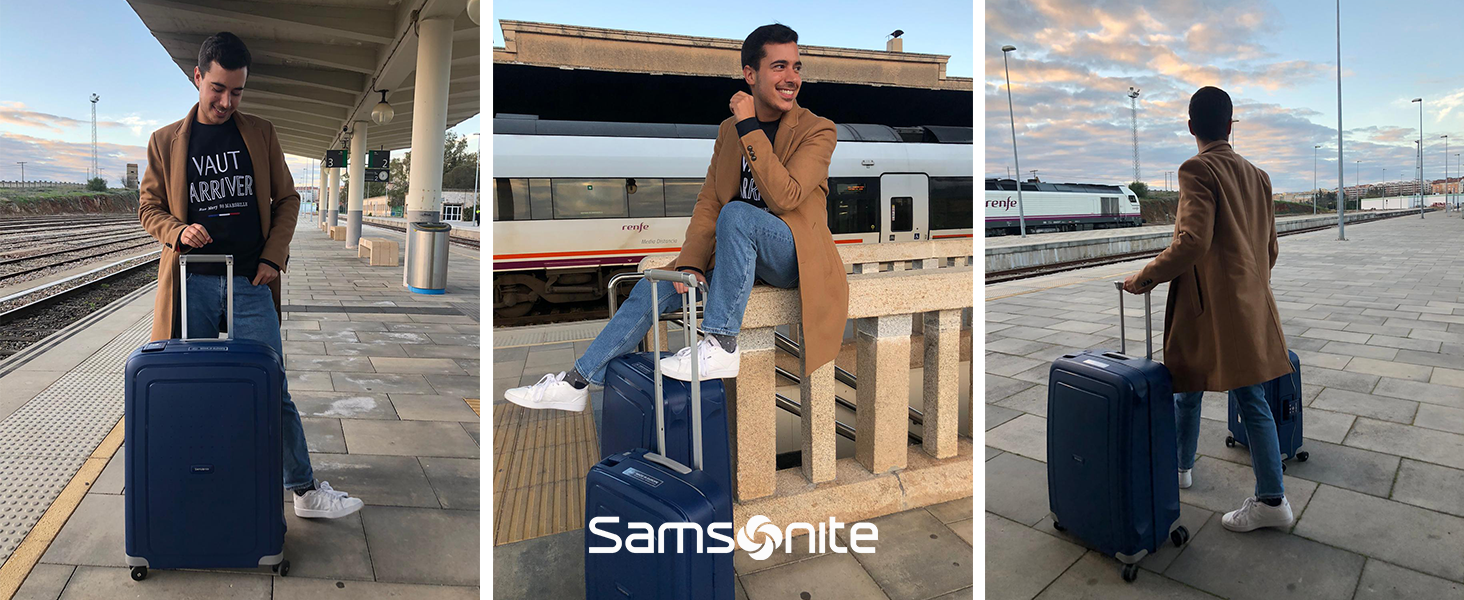 Text reads 'Samsonite'. Series of lifestyle photos showing someone carrying or using blue luggage in various outdoor settings.