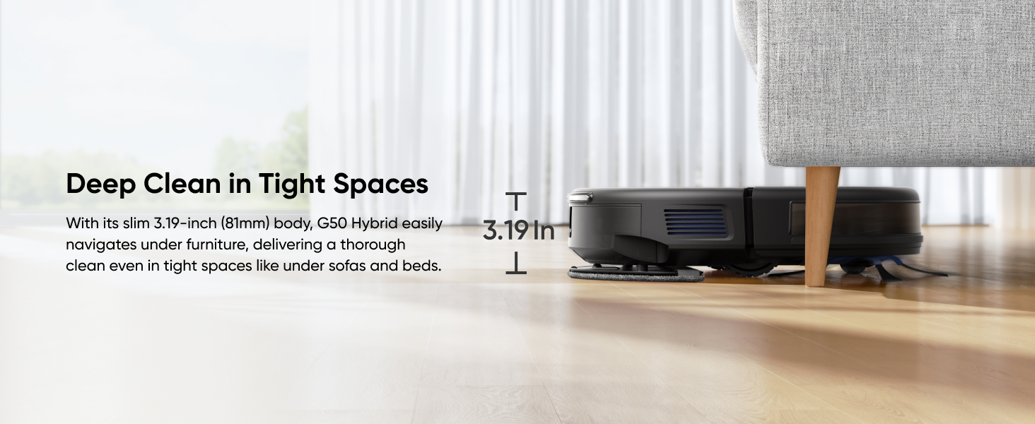 Robot vacuum cleaner demonstrating 3.19-inch clearance under furniture, with text highlighting deep cleaning capabilities in tight spaces.