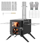 Portable wood-burning stove with folding legs, chimney, and side shelves. Includes kettle, grill grate, gloves, and chimney accessories. Features glass window showing fire inside.