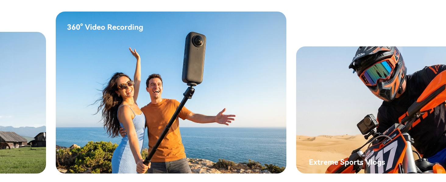 Text reads '360° Video Recording'. Two action scenes: family outdoors with raised arms, and motorcycle rider in desert landscape demonstrating video recording capability.