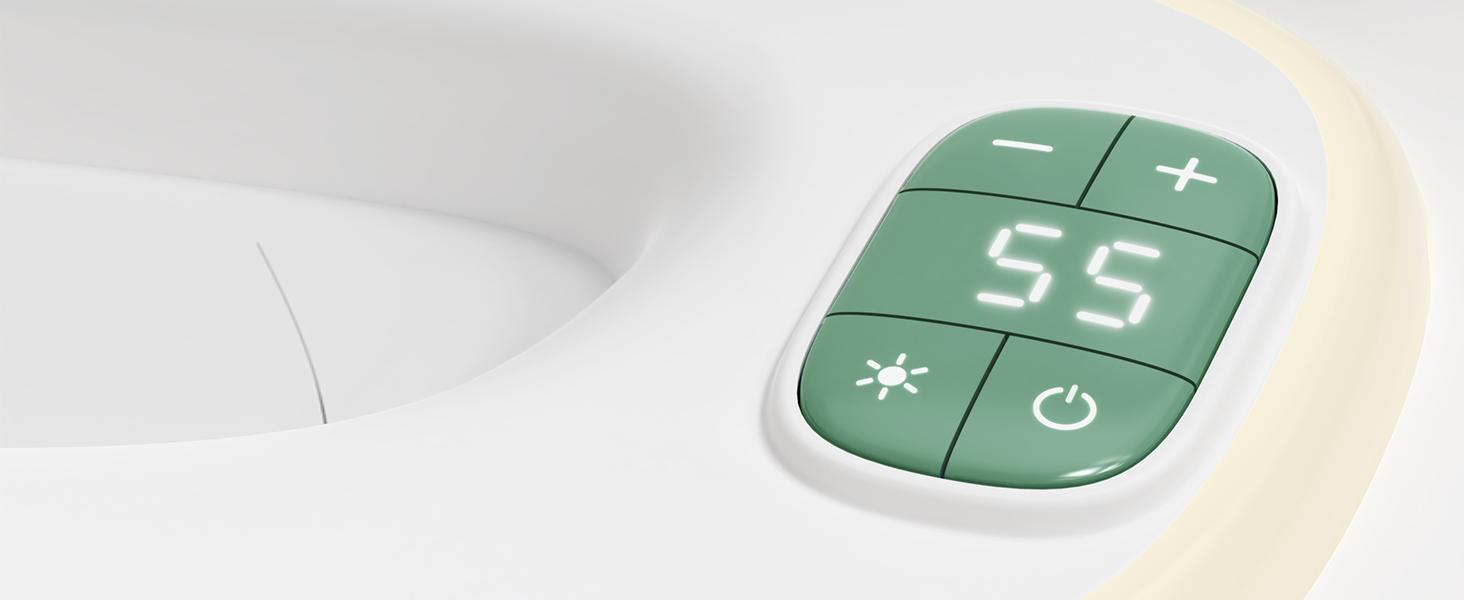 Text shows '55' on a digital control panel with plus, minus, star and power symbols arranged in a green backlit grid layout.