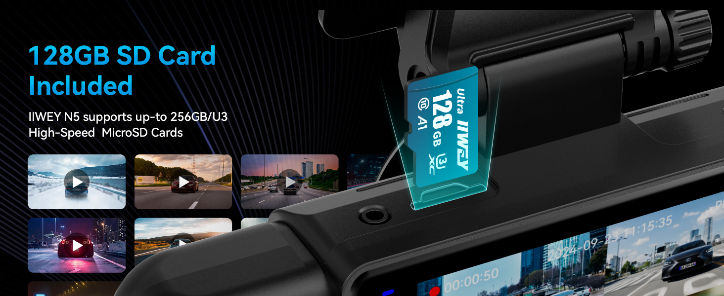 High-speed 128GB microSD card included with dashcam. Card shown inserted into device. Multiple dashcam footage examples displayed, showcasing day and night recording capabilities.