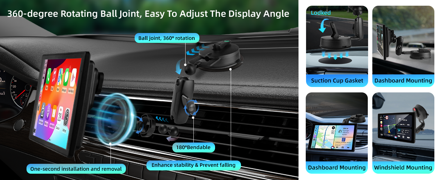 Text reads '360-degree Rotating Ball Joint'. Product demonstration showing adjustable car phone mount with multiple viewing angles and installation steps.