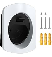 Black metal wall mount bracket with curved hook design. Includes mounting hardware: four screws and four wall anchors. Inset image shows bracket holding a circular object.