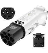 Multiple views of a white and black electric vehicle charging connector, showing various angles of the plug design and port configuration.