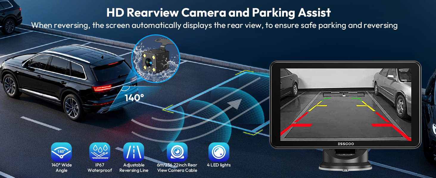 Text reads 'HD Rearview Camera and Parking Assist'. Vehicle backup camera interface showing parking guidelines and multiple camera view options with safety features.