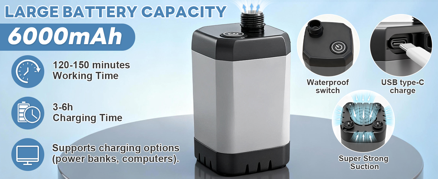 Text reads 'LARGE BATTERY CAPACITY 6000mAh' with product specifications showing charging time and USB connectivity features.