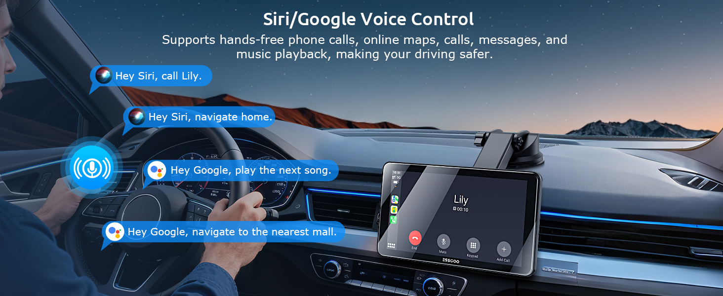 Text reads 'SkyGoogle Voice Control' Car dashboard interface showing blue-tinted navigation display with control options.