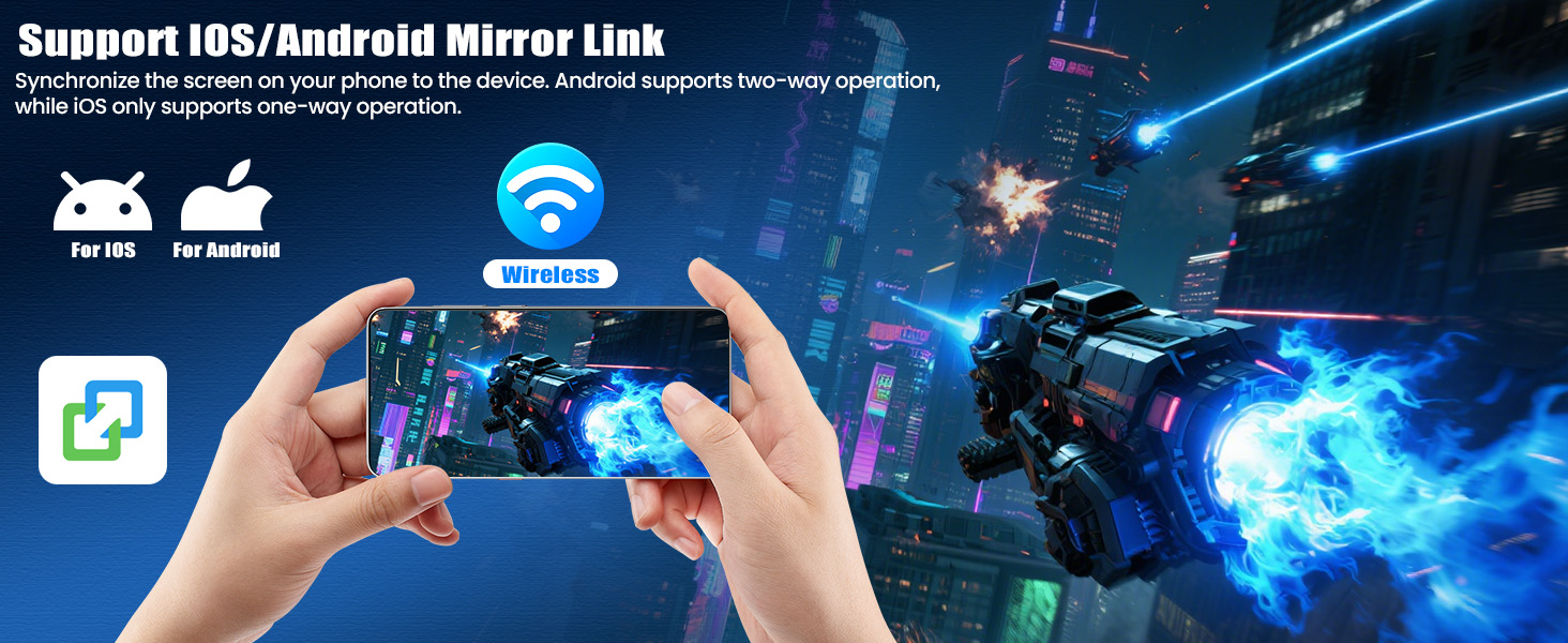 Text reads 'Support iOS/Android Mirror Link'. Series of images showing mobile device screens with blue gaming interface and wireless connectivity features.