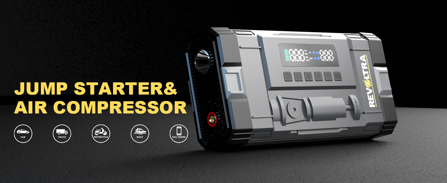 Text reads 'JUMP STARTER & AIR COMPRESSOR'. Black automotive device shown with LED display and multiple connection ports.