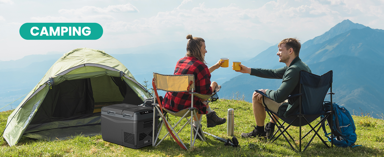Text reads 'CAMPING'. Two people sitting in camping chairs outdoors with green tent and mountains in background, demonstrating recreational camping setup.