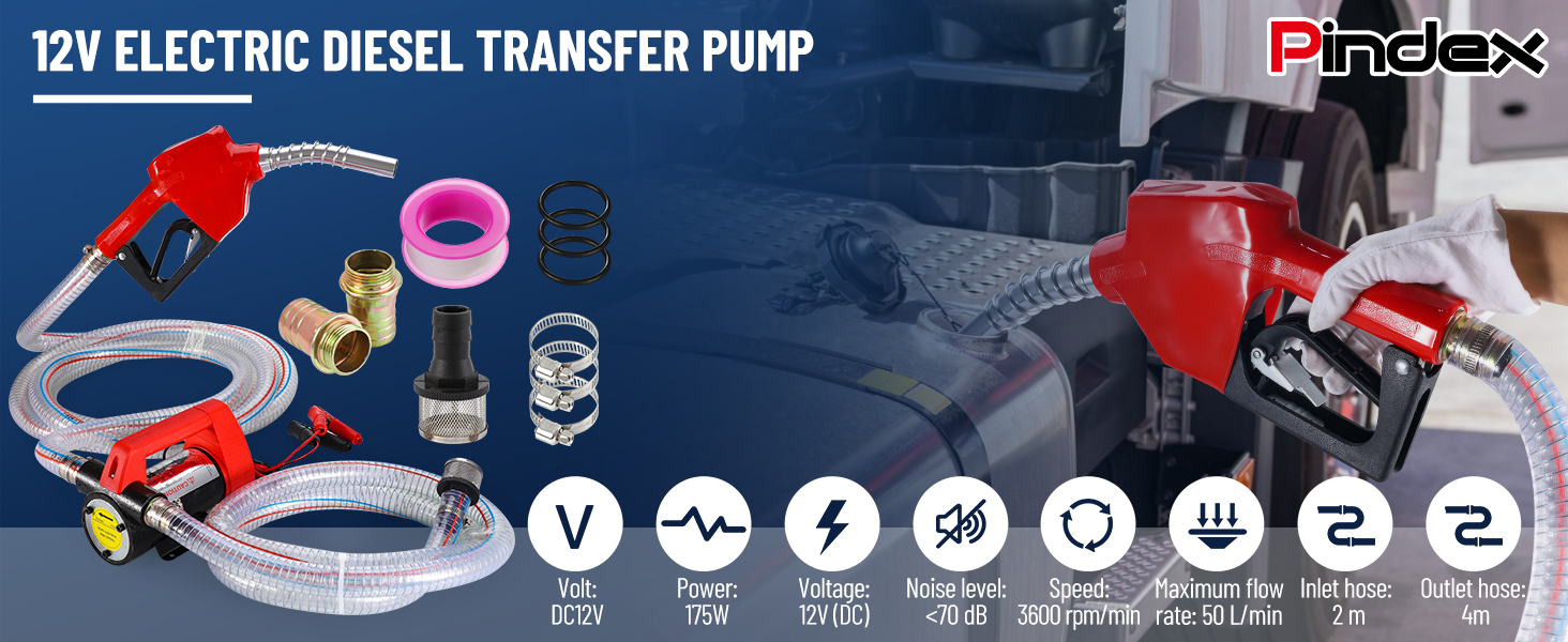 12V electric diesel transfer pump kit with red nozzle, hose, and various fittings. Icons indicate voltage, flow rate, and other specifications.
