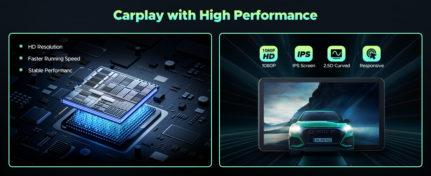 Car infotainment system with high-performance processor chip and Carplay compatibility. Features include voice control, navigation, music, and phone integration.