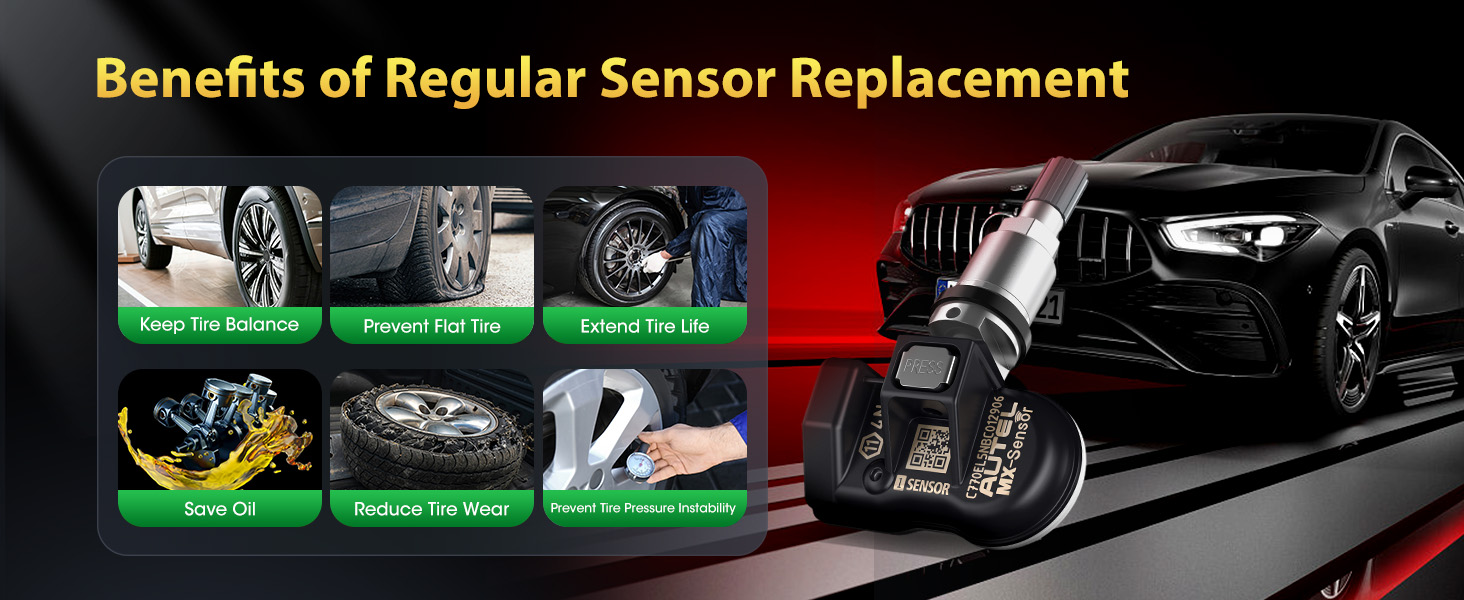 Infographic showing benefits of regular sensor replacement for vehicles, including improved fuel efficiency, reduced emissions, enhanced performance, and extended engine life.