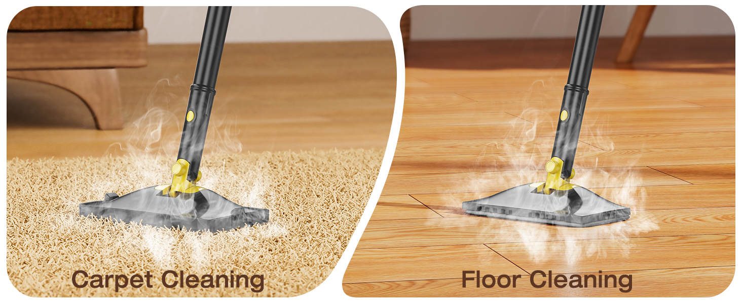 Text reads 'Carpet Cleaning' and 'Floor Cleaning'. Split image showing cleaning device used on carpet and hard floor surfaces.