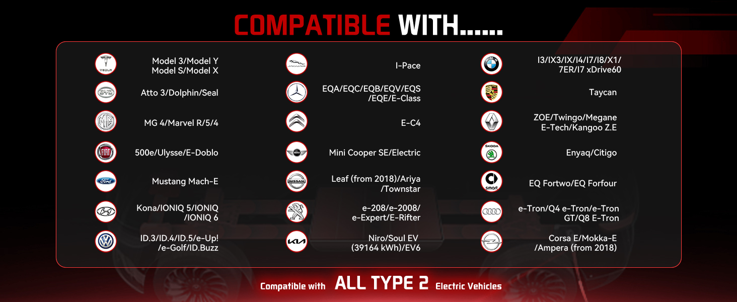 Text reads 'FREE PORTABLE & COMPACT EV BAG'. Product image shows red charging cable with black handles against dark background.