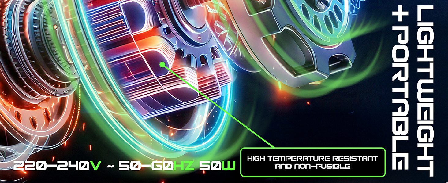 Illustration of cordless power tools with glowing energy trails. Text highlights 'No cord, no hassle' and 'High quality bearings for stable and durable operation'.