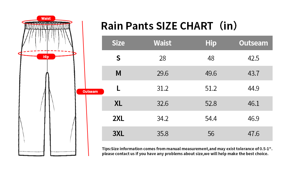 Text reads 'Rain Pants SIZE CHART (In)' with size measurements table showing columns for Size (S-3XL), Waist, Hip, and Inseam. Diagram displays rain pants with measurement points indicated by red arrows.