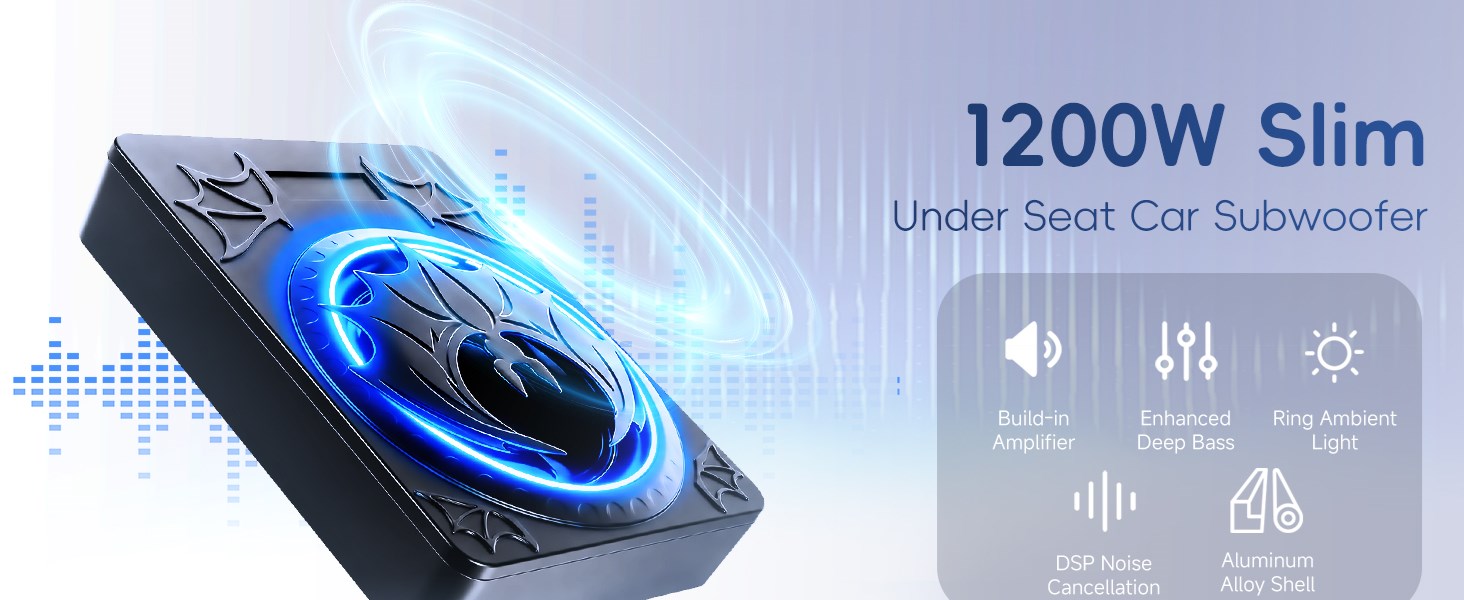 Text reads "1200W Slim" and "Under Seat Car Subwoofer". Image displays a compact blue-lit subwoofer speaker with control icons for sound adjustment, shown from angled perspective highlighting sleek design.