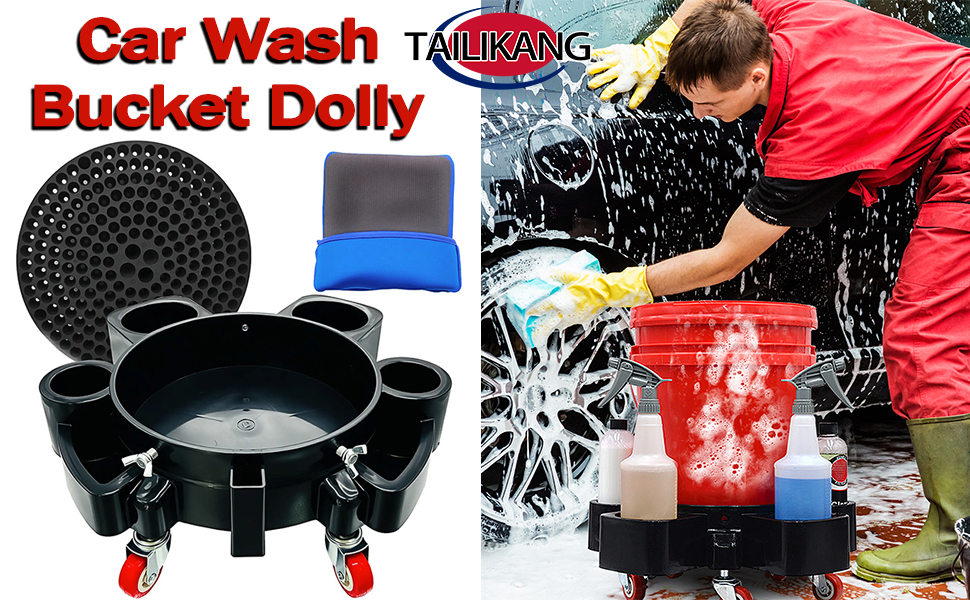 Text reads 'Car Wash'. Comic-style illustrations showing black silhouettes of cars and washing equipment against red background.