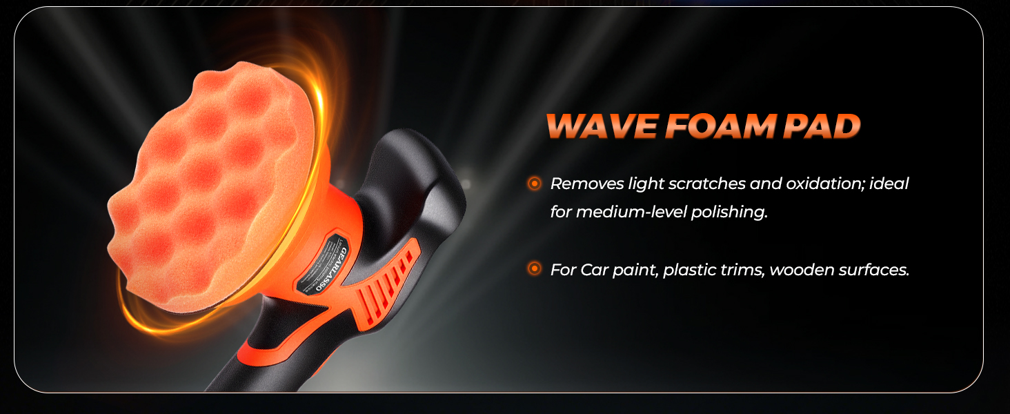 Orange textured foam polishing pad with wavy surface pattern, designed for automotive polishing applications.