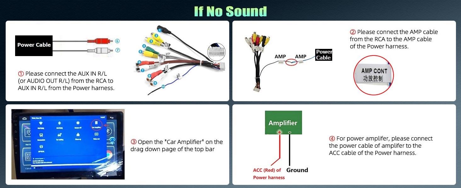 Technical diagram showing wiring and connection instructions with multiple panels containing red and black wire illustrations and connection points.